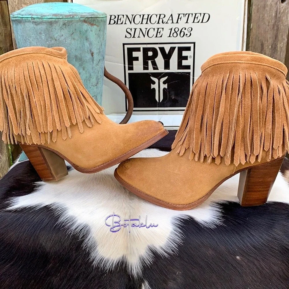 FRYE NEW ❤️ Llana Fringe Suede Leather Western Ankle Bootie Boots Size 8.5 - Picture 4 of 11